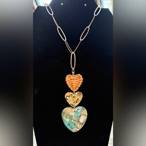 Triple Heart Pendant Necklace in Gold and Turquoise